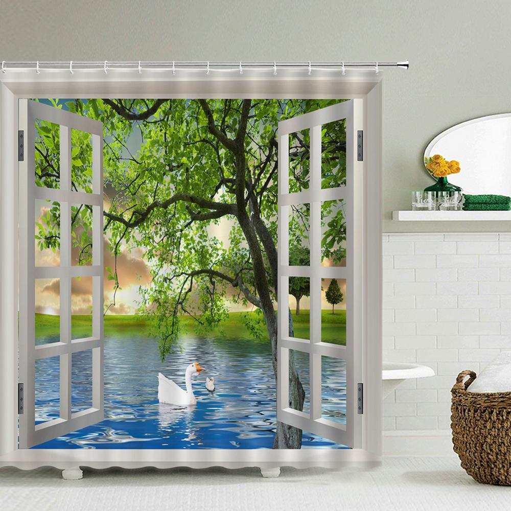 Bath Curtain 3d Printing Window Scenery Forest Shower Curtains Waterproof Bathroom Curtain Washable Fabric With Hooks