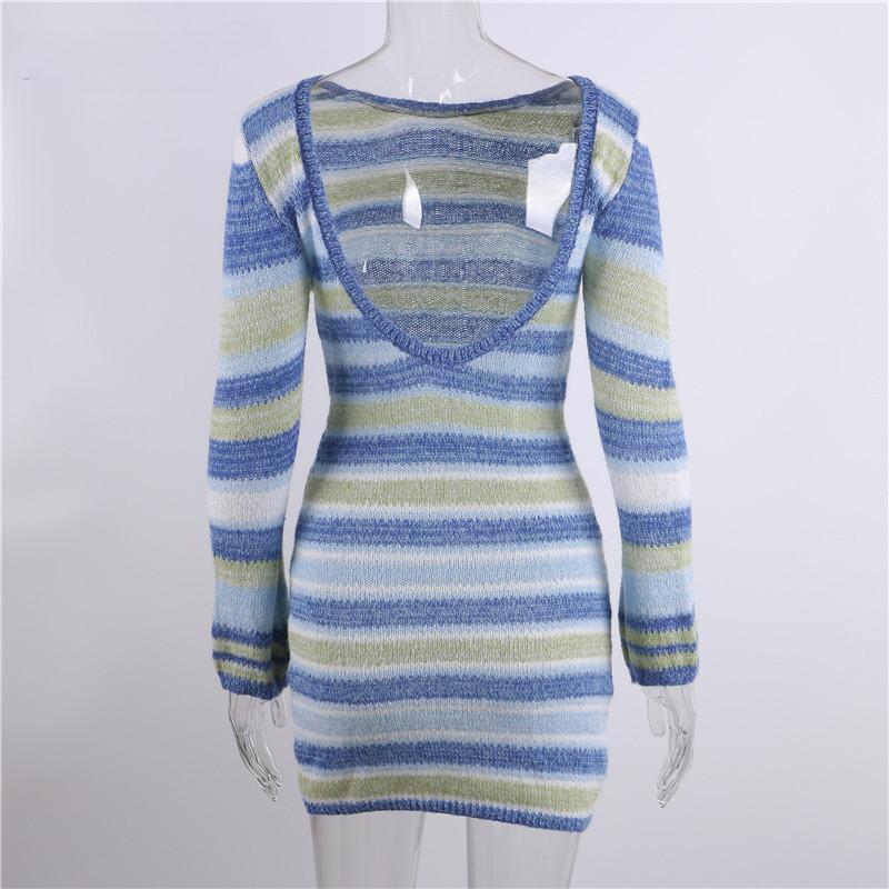 Tie Dye Mini Pletené svetrové šaty Dámské Oblečení Podzim Zima Dlouhý Rukáv Sexy Plážové Bodycon šaty bez zad Elegantní