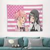 Anime Tapestry, Madoka & Homura Pink Usa Flag Print Polyester Wall Hanging, Otaku Kawaii Decor For Bedroom & Living Room