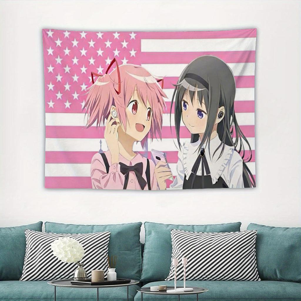 Anime Tapestry, Madoka & Homura Pink Usa Flag Print Polyester Wall Hanging, Otaku Kawaii Decor For Bedroom & Living Room