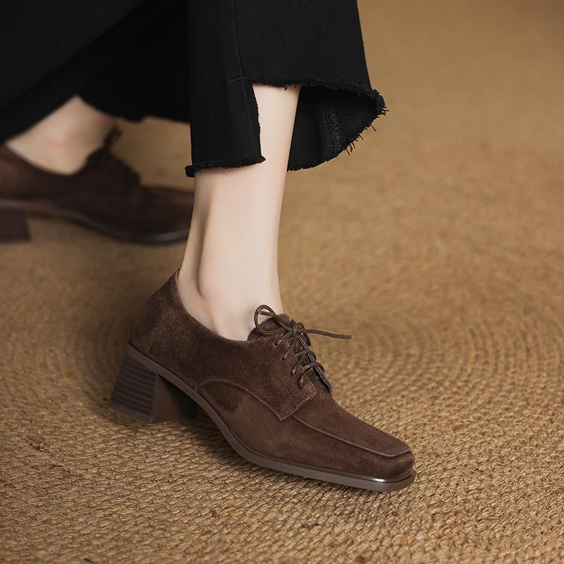 Fashion 2025 New Spring Women Pumps Kid Suede Shoes for Women Square Toe Chunky Heel Shoes Women Loafers Designer Ladies Shoes