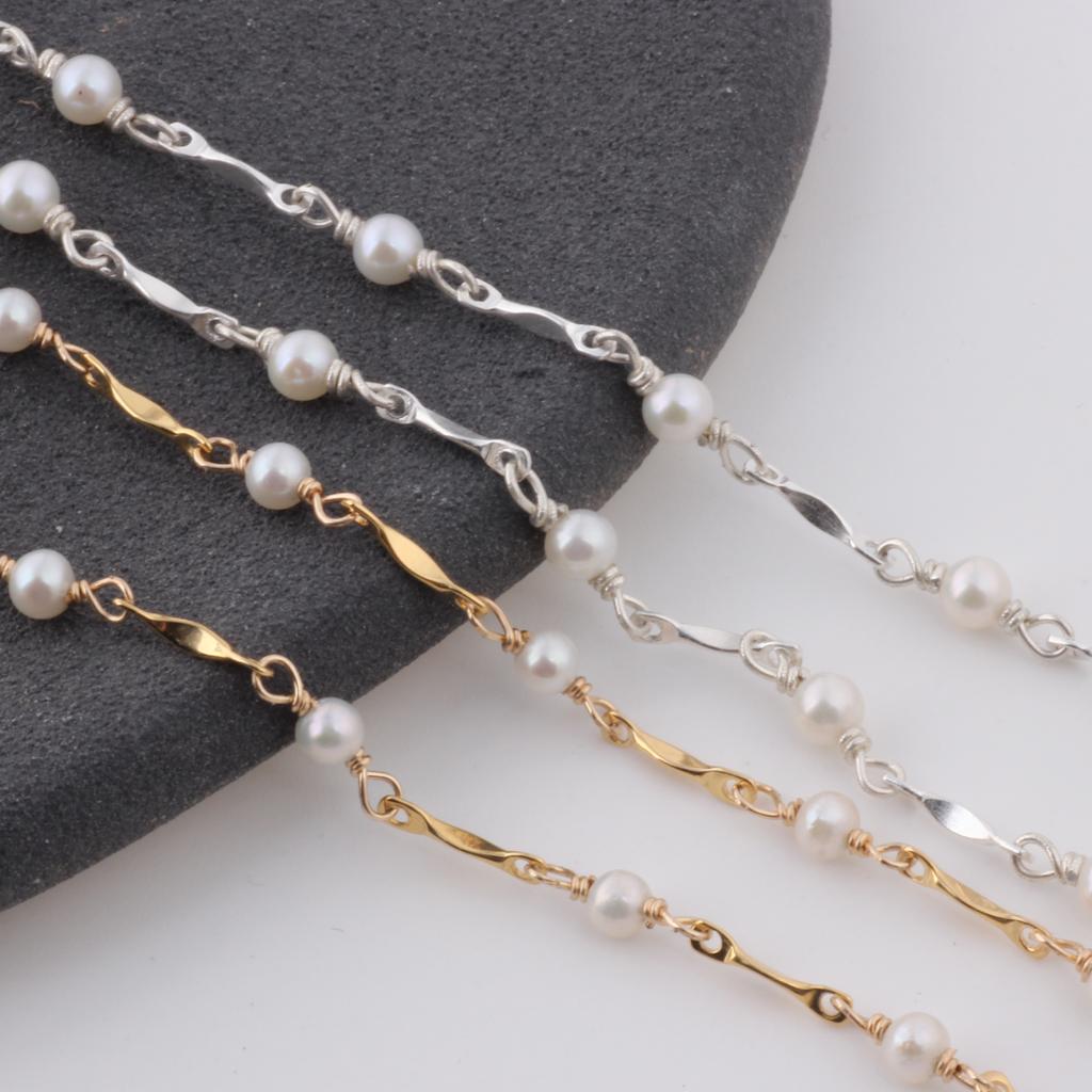 14K Gold Filled Dapped Bar Chain Beaded 3-3.5mm Fresh Water Pearls for DIY Permanent Handmade Necklace Bracelet Jewelry Making