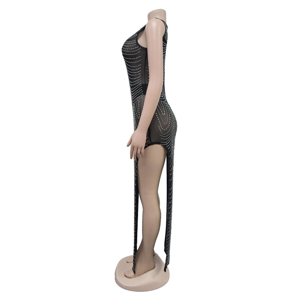 Damen Mode Einfarbige Netz-Ärmelloses Langes Kleid mit Heißbohr-Details
