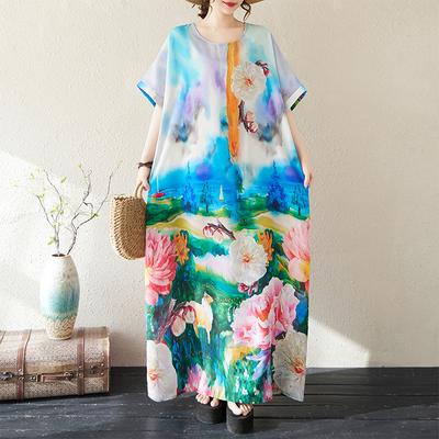 DIMANAF 2025 Summer Women Plus Size Loose Dress Beach Vintage Basic Casual Long Dress Printing Holiday Dress Maxi