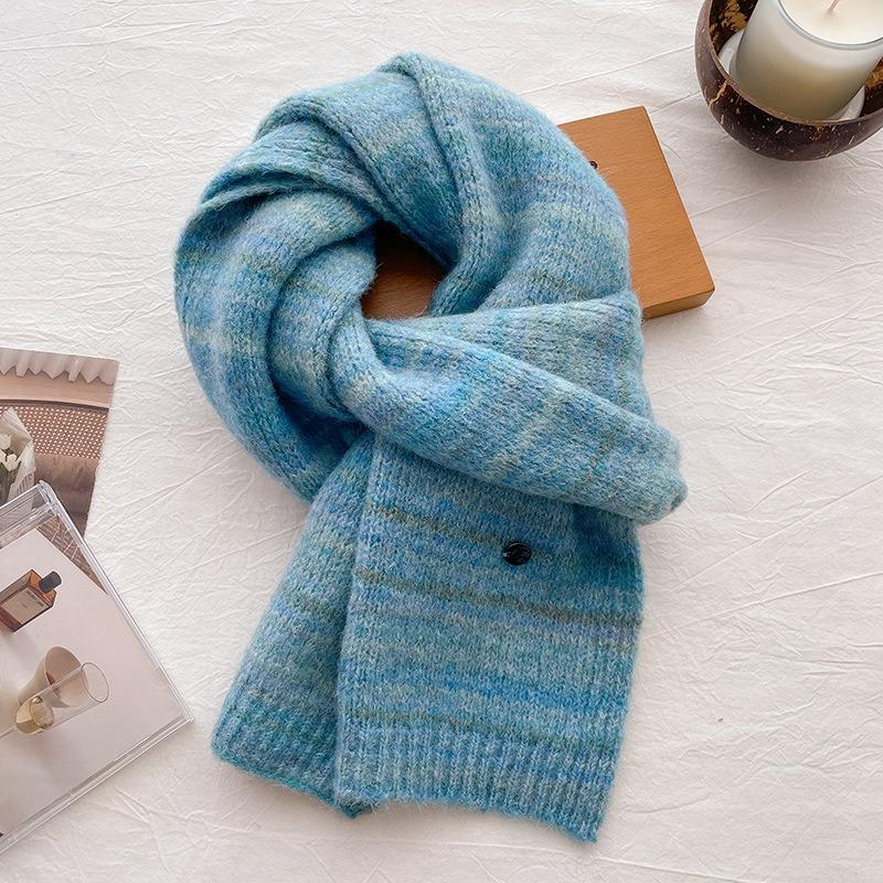 Blue Soft Waxy Wool Knitted Scarf Men's and Women's Autumn and Winter Warm Wool Scarf Cold Protection Cervical Spine