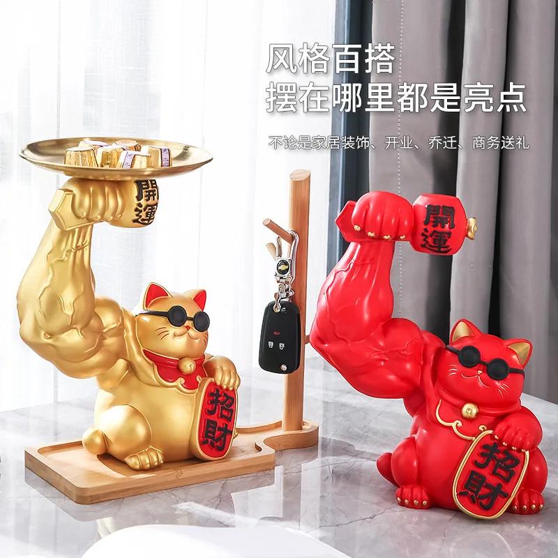Golden Cat Figurines Muscle Arm Lucky Cat sculpture Ornaments Resin Storage Tray Storage cup holder key holder  Decoration