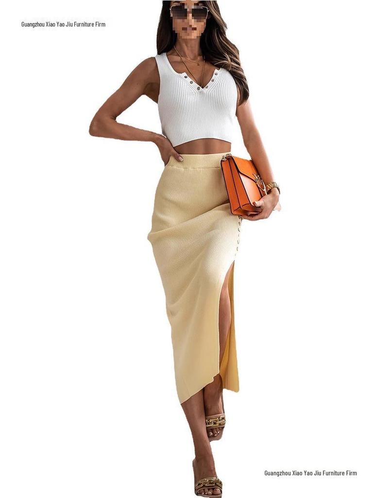 Elegant Ribbed Knit Slit Midi Skirt for Women - Summer Style