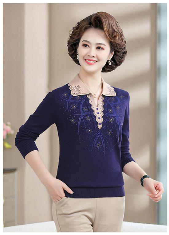 Mom's Plus Size Knit Lapel Sweater - Long-Sleeved Autumn/Winter Base Layer for Middle-Aged Women