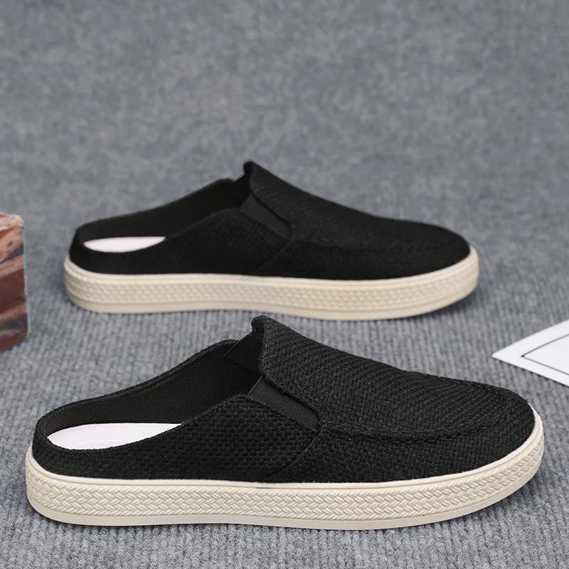 Men's Slippers Summer New Breathable Casual Shoes Outdoor Lightweight Non Slip Slippers Fashionable Canvas Half Slippers