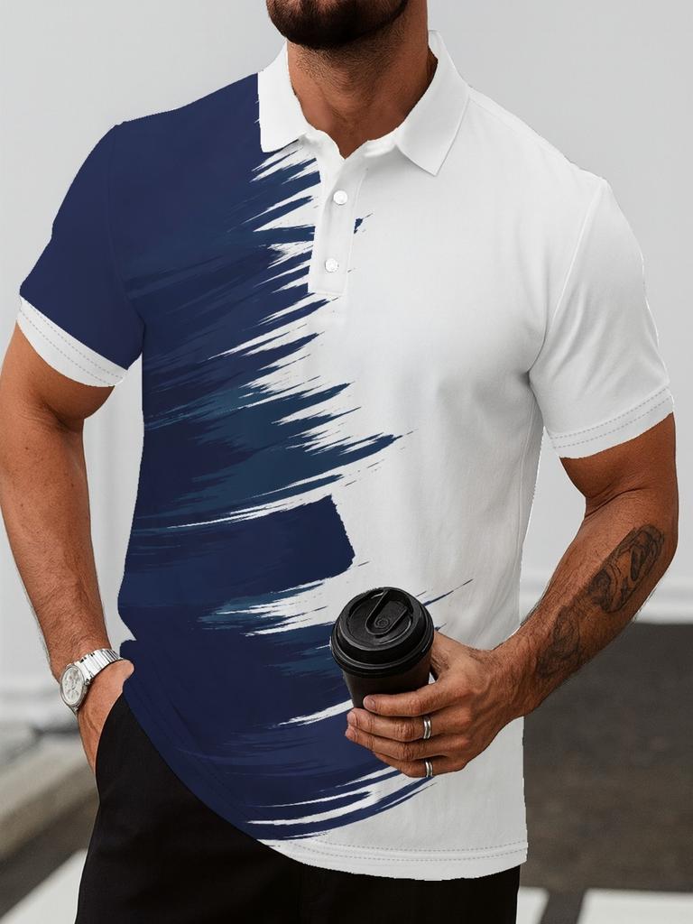 Men's Short-Sleeve Polo Shirt, Casual Print, Suitable for Golf, Color-Block Pattern, Sporty Style, Perfect Choice for Summer