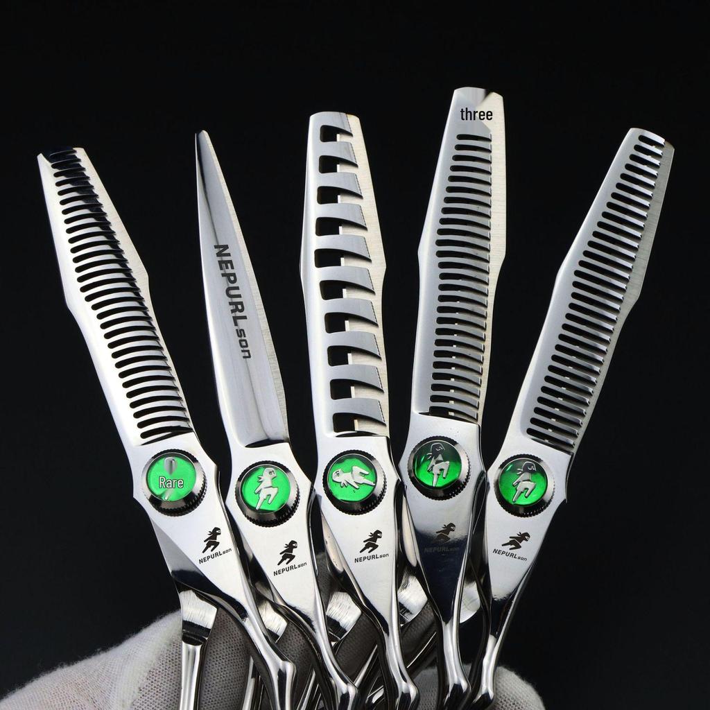 6.0-Inch Serrated Green Gem Hairdressing Scissors - Straight Shears with Antler Fishbone Design