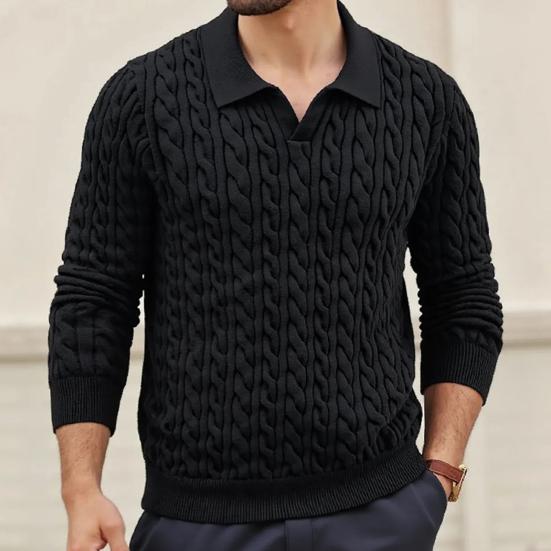 Men Knitted Tops Lapel Long Sleeve Solid Color Sweater Twist Pattern Winter Thick Warm Pullover Tops