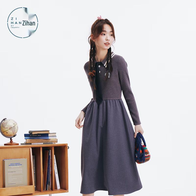 ZIHAN Women s Polo Collar Knitted A-Line Dress M