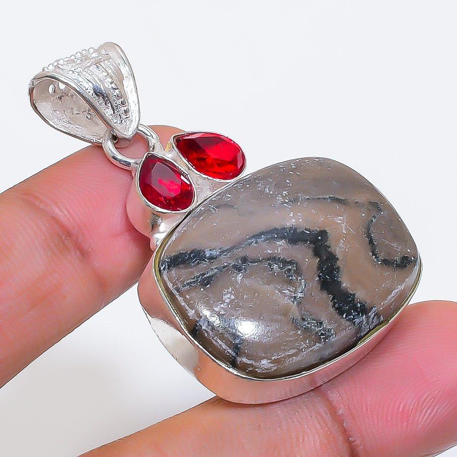 Natural Gabbro Stone, Garnet 925 Sterling Silver Jewelry Pendant 1.85" ZS-1298