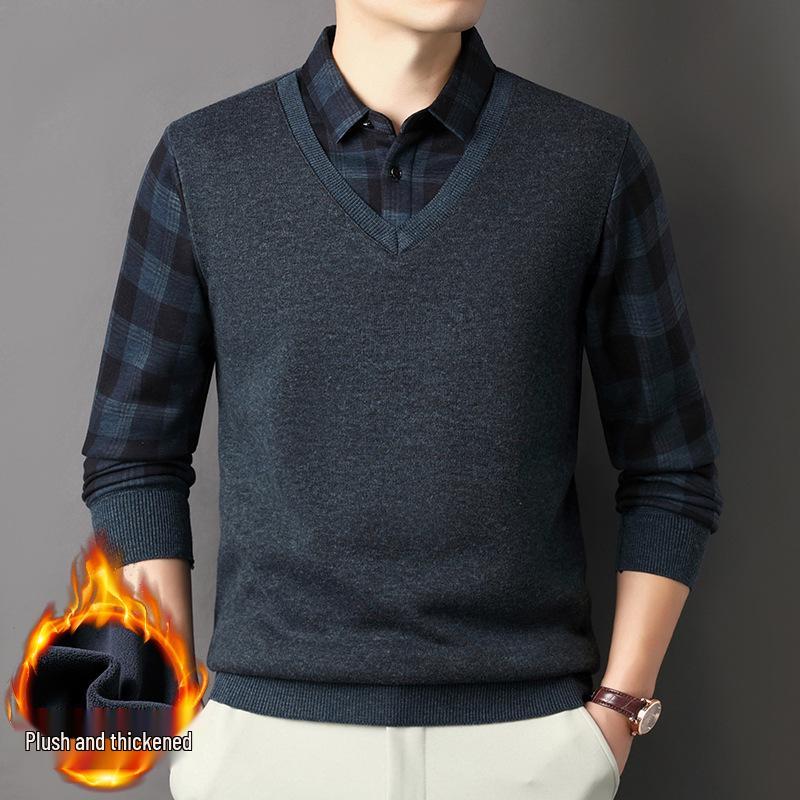 Men's Winter Plus Velvet Faux Two-Piece Shirt with Long Sleeves and Collar - Warm Base Layer for Middle-Aged Casual Wear