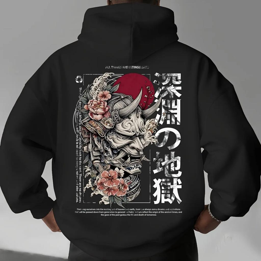Men Black Oversized Hoodie Japanese Hannya Mask Peony Wave Kanji Back Print Long Sleeve Street Pullover Sweatshirt