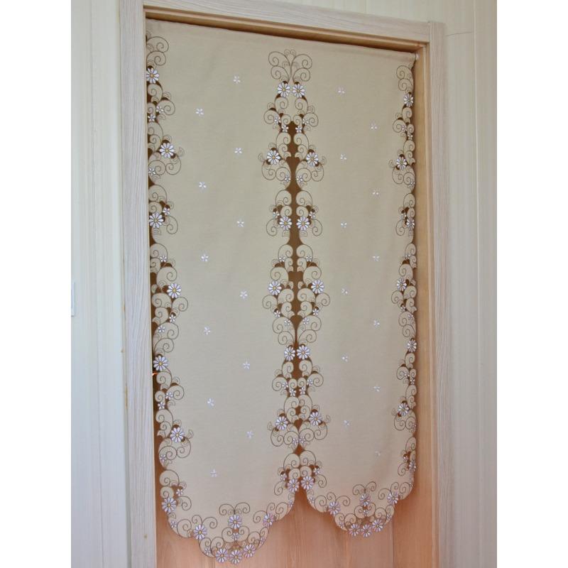 Rideau Court Kaki Clair Tissu Brodé Rideau de Porte Marguerite Rideau Élégant pour Chambre Salon Salle de Bain Cuisine, Sans Tringle, 1 pièce