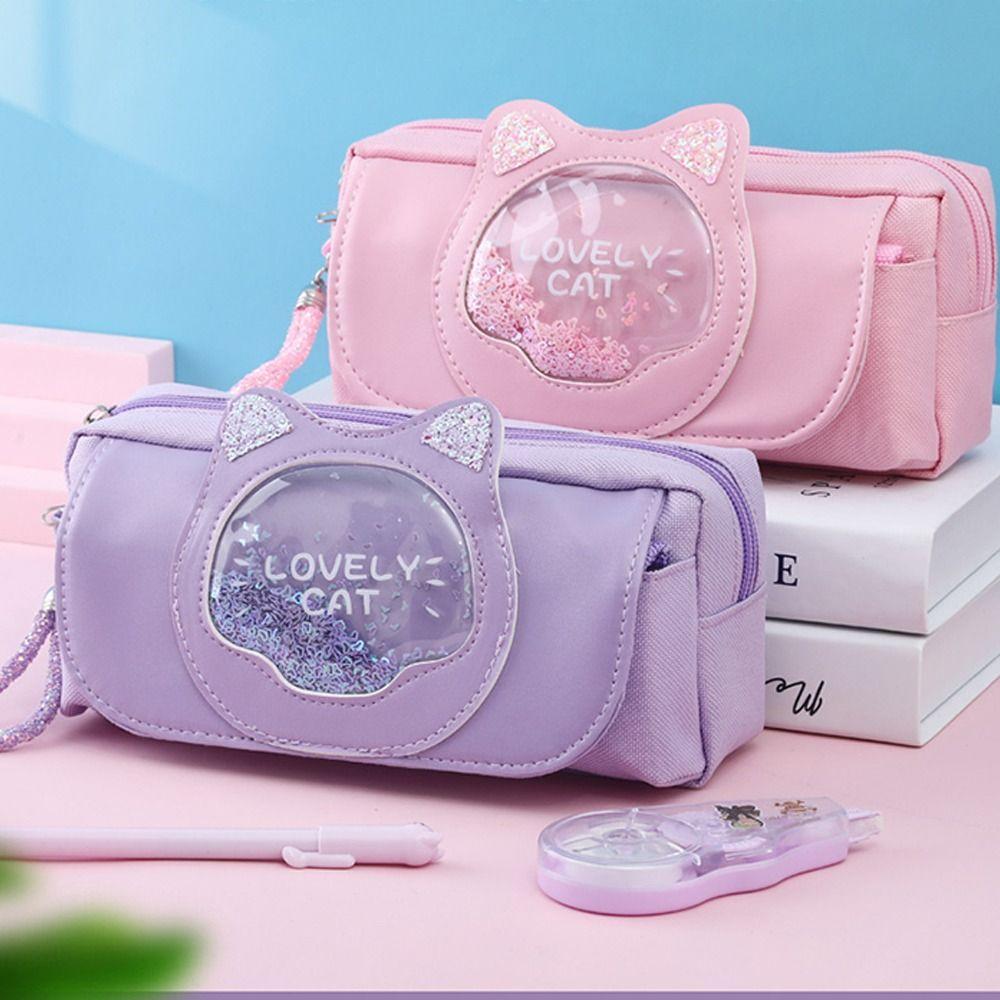 

Симпатичная сумка-карандаш большой емкости с зыбучим песком, сумка для канцелярских принадлежностей, новый пенал с изображением кота, студенческий