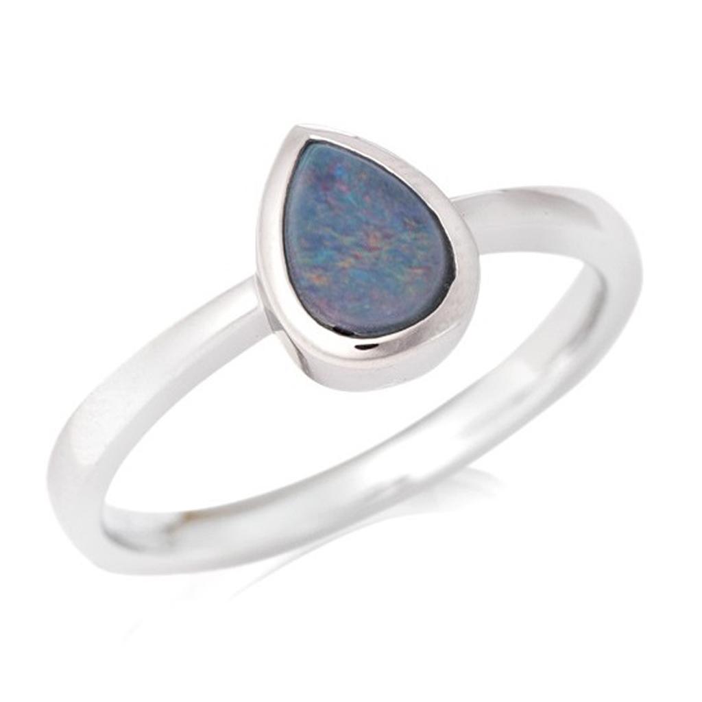 Řemeslný stříbrný prsten 'Meghan' stříbrný modrý opál (rhodium) - 9 x 6 mm