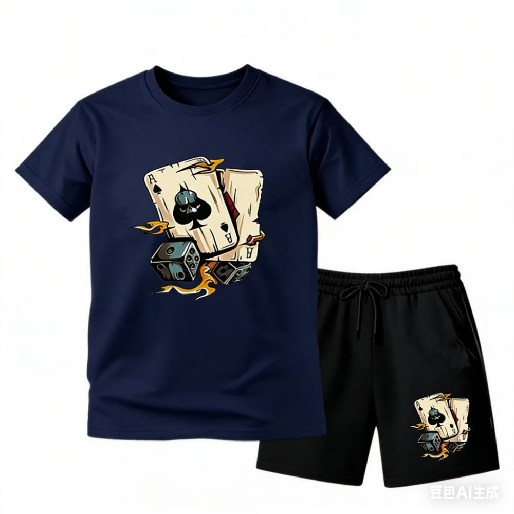 Summer Men's Casual Fashion Poker Element Pattern Printing Comfortable Round Neck Short Sleeved T-shirt and Shorts Set