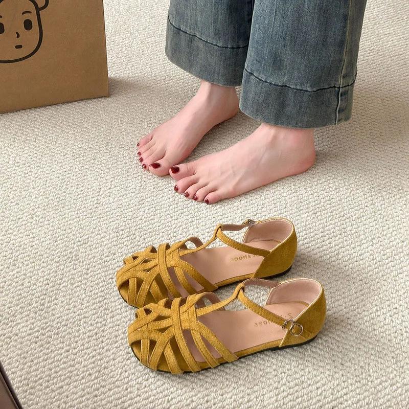 

Модная повседневная летняя обувь Зеленые балетки Гладиаторские сандалии Женские 2025 Замшевая кожа Женские сандалии Дизайнер бренда Удобные шлепанцы 34