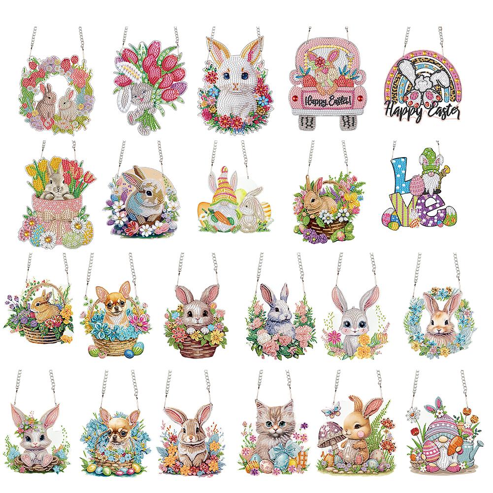 Special Shape Easter Rabbit Wreath Rhinestone Diamond Art Pendants Diamond Painting Hanging Pendant for Garden Window Decor