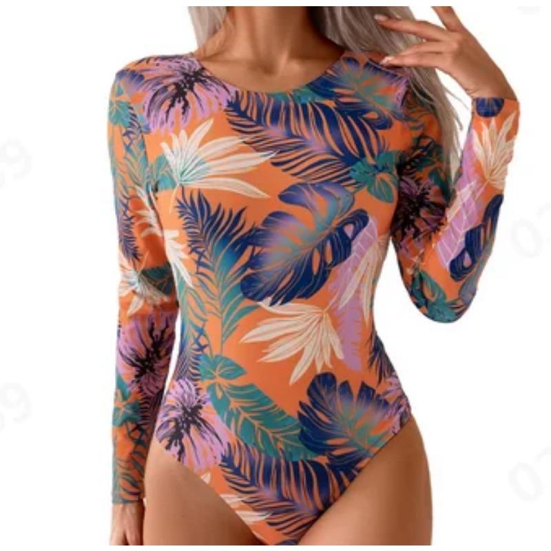 

V-образный вырез, пляжные купальники с принтом листьев, цельный купальный костюм с длинным рукавом, купальник для дайвинга и серфинга, модный женский тропический комплект XXL оранжевый