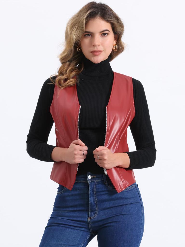 Allegra K Manteau en Faux Cuir pour Femme, Col en V, Sans Manches, Veste Gilet Biker Motard Vintage à Fermeture Éclair, Rouge, Taille L