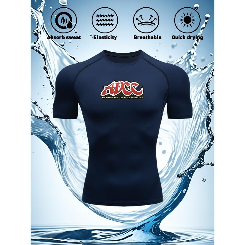 Pánské tmavě modré kompresní tričko s krátkým rukávem ADCC Logo Grafika Odvádí pot Rychleschnoucí Prodyšné Vysoká elasticita BJJ MMA A Běhání Atletický top
