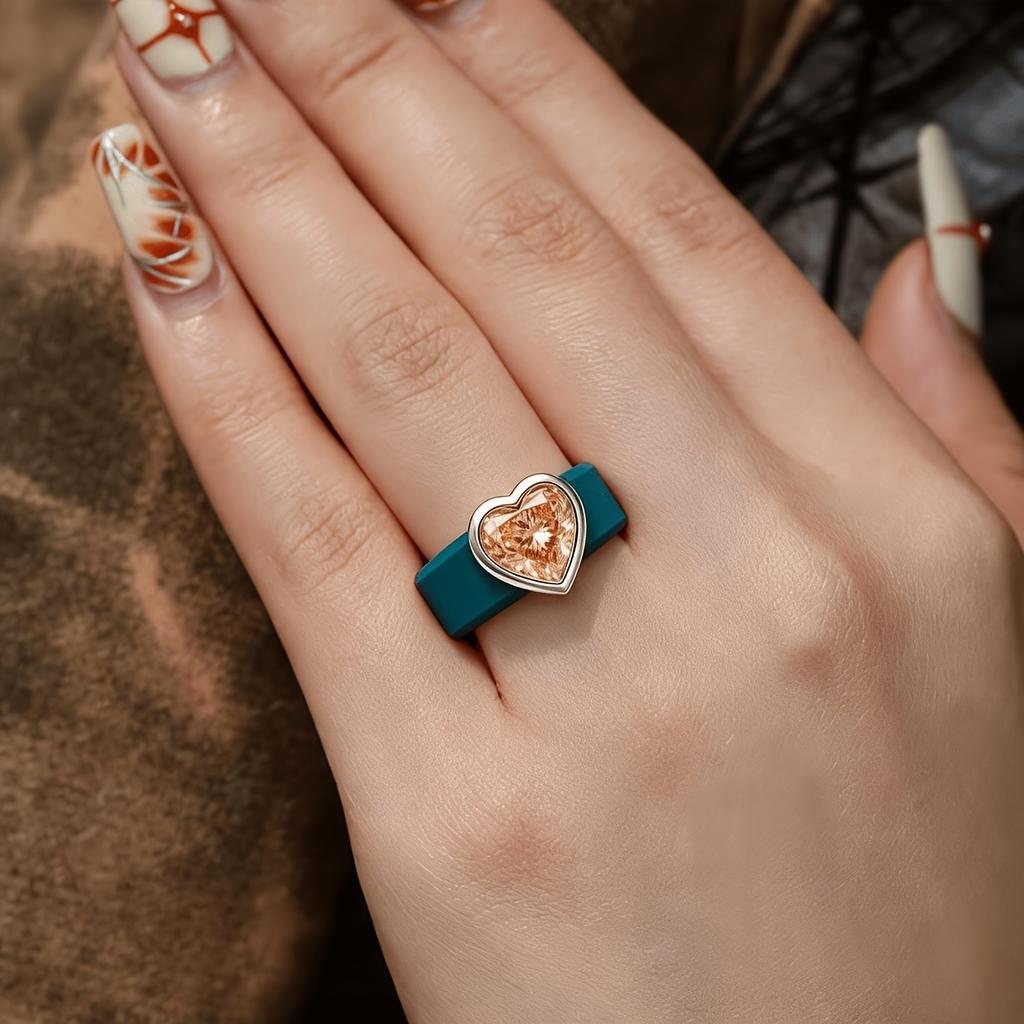 Damen Silikonring in Petrol mit Herzschliff Champagner Zirkonia, Hypoallergen Bequemer Ring für den täglichen Gebrauch, Sport, Arbeit