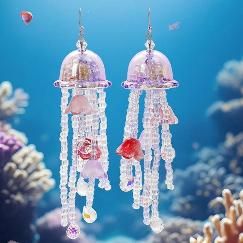 Handmade Jellyfish Dangle Earrings With Flowing Tassels Portable Accessory for Fashionable Ocean Lovers Outfits