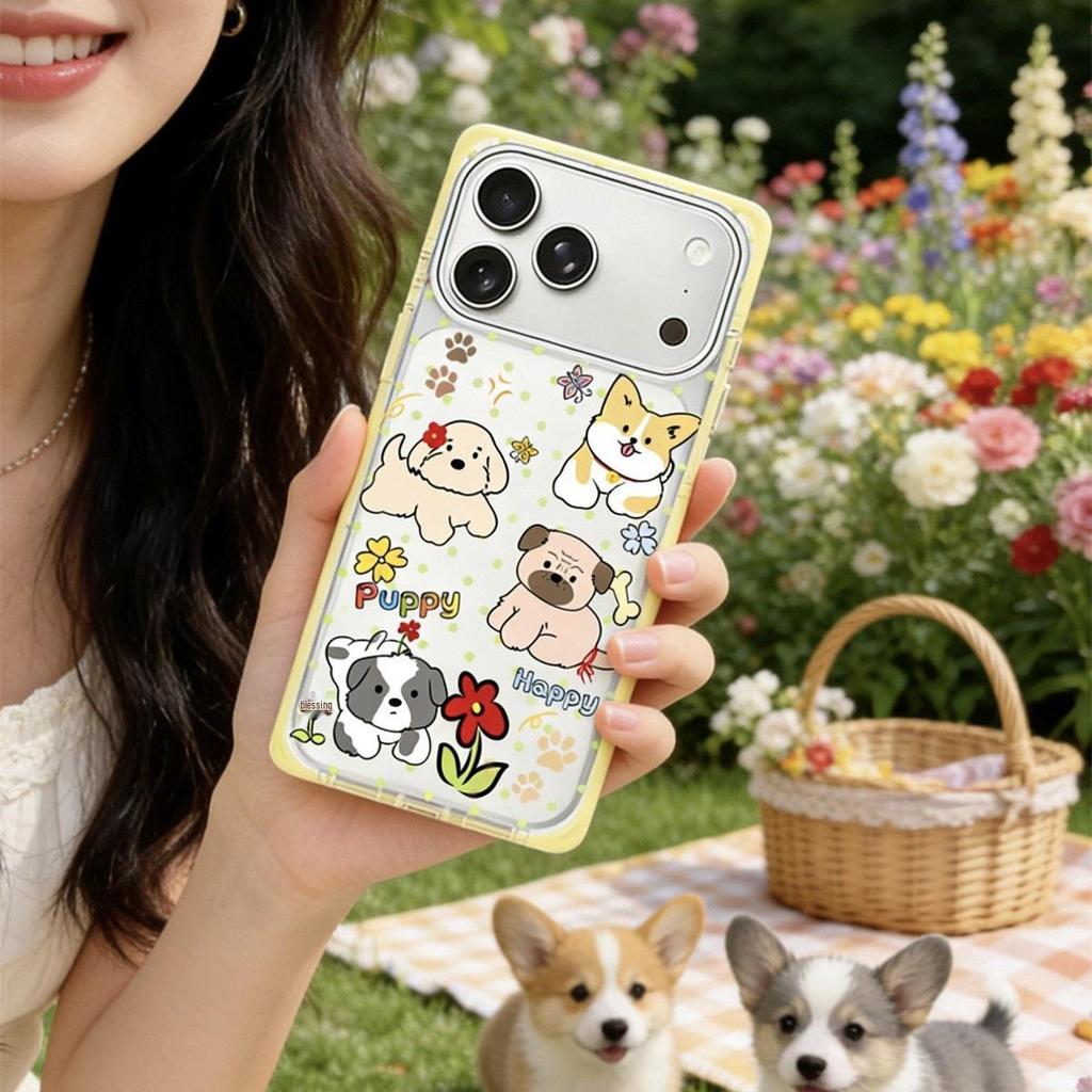 Crystal Square Cartoon Puppy iPhone 15/16/17 Pro Max Anti-Drop Phone Case