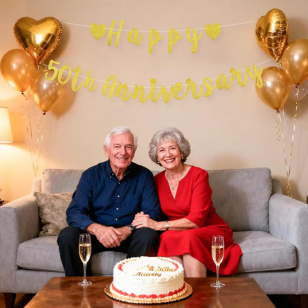 2pcs Happy 50th Anniversary Banner, Pre-Strung Glitter Gold 50th Wedding Anniversary Banner 50 Year Loved Party Favor & Decor Decorations