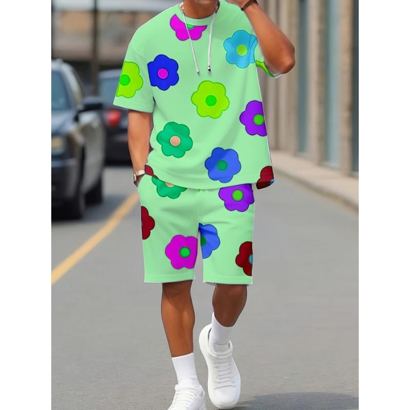 2-Piece Summer Men s Colorful Flower 3D Digital Print Outfit S