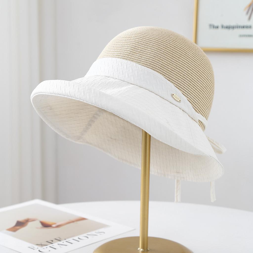 Korean-Style Women's Patchwork Hat Summer Bowknot Fisherman Beach Vacation Sunhat Accessory