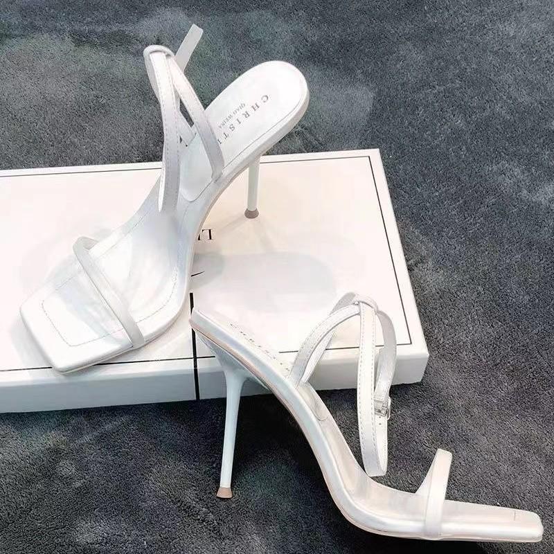 Fashion 2024 New Women's Fashion Buckle Solid Color Women's Sandals Open Toe Stilettos Ultra High Heels Square Toe High Heel Sandals