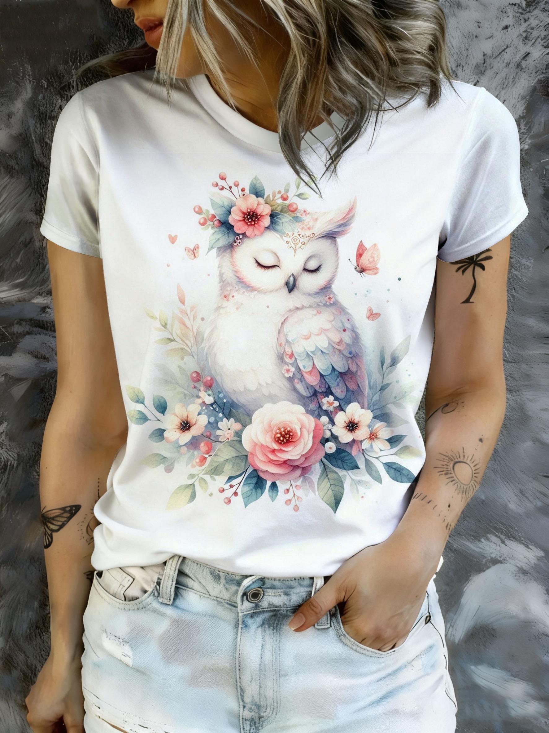 

[Printed Design - Not Textured] Soft Watercolor Floral Crown Sleeping Owl Print Short Sleeve T-Shirt Pink-blue Feathered Cute Owl + Floral Vine Cluste 3XL дубильная кора