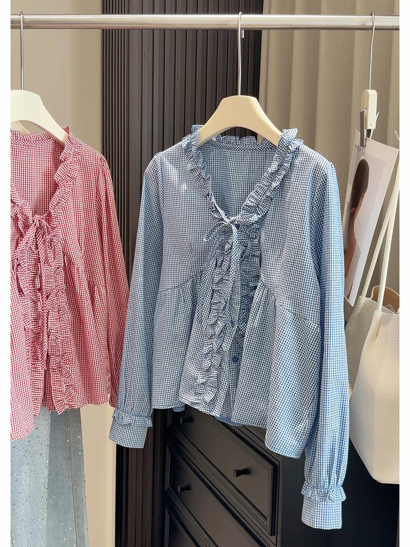 French Lace Tie V-Neck Plaid Shirt - Women s Spring Slimming Long Sleeve Top One Size