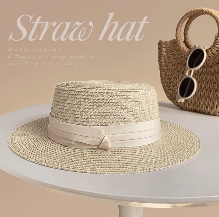 Lace Bow Straw Hat Women's Summer French Large Brim Sunscreen Hat Seaside Beach Vacation Sun Hat