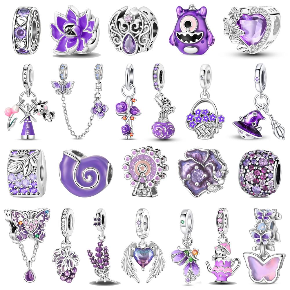 925 Silver Ferris Wheel Beads & Rose & Grapes Dangle Charm Fit Bracelet Boutique Necklace Purple Pendant Gift