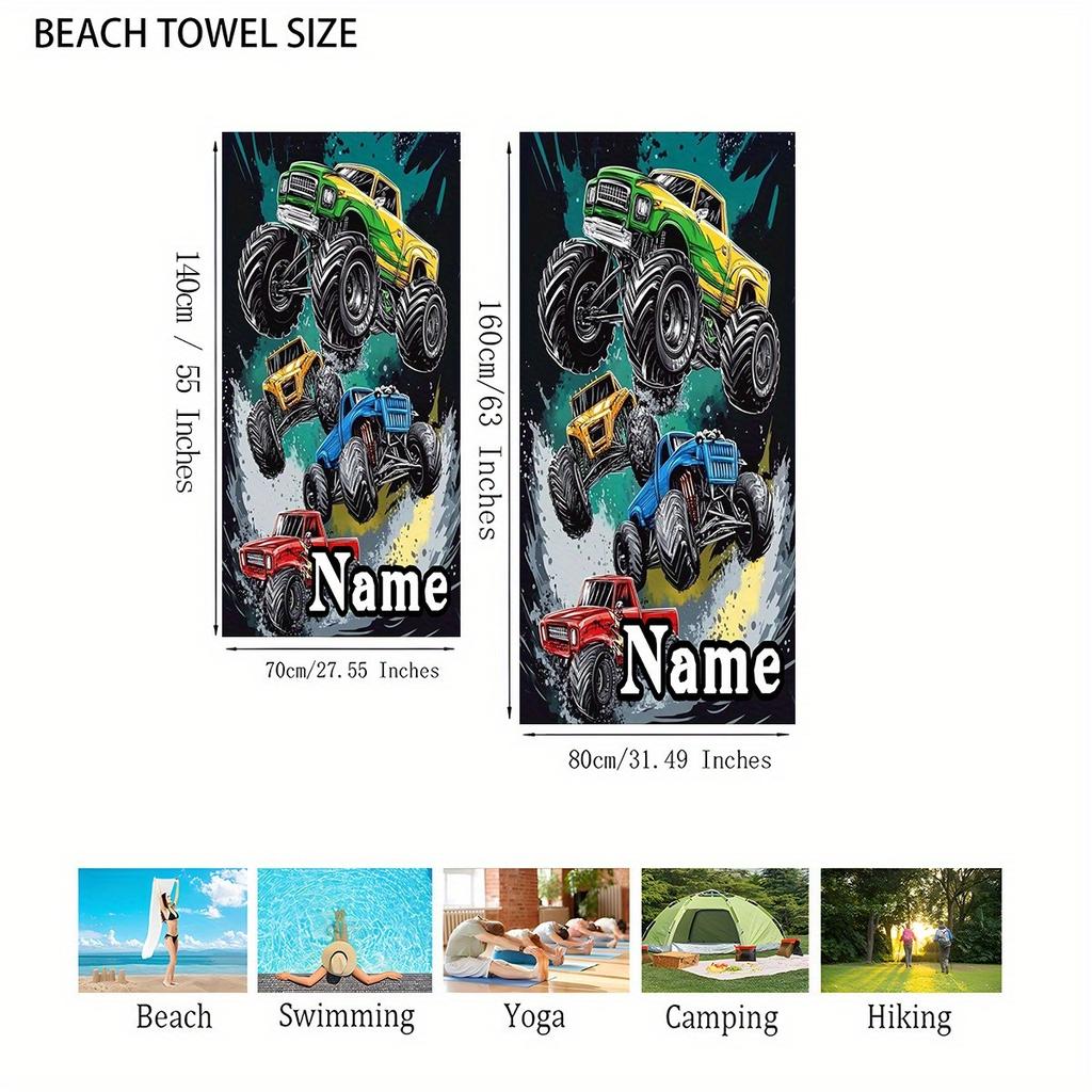 Benutzerdefiniertes Monster Truck Strandtuch Personalisierter Name Auto Mikrofaser Badetuch 160x80cm Weich Schnelltrocknend Schwimmbad