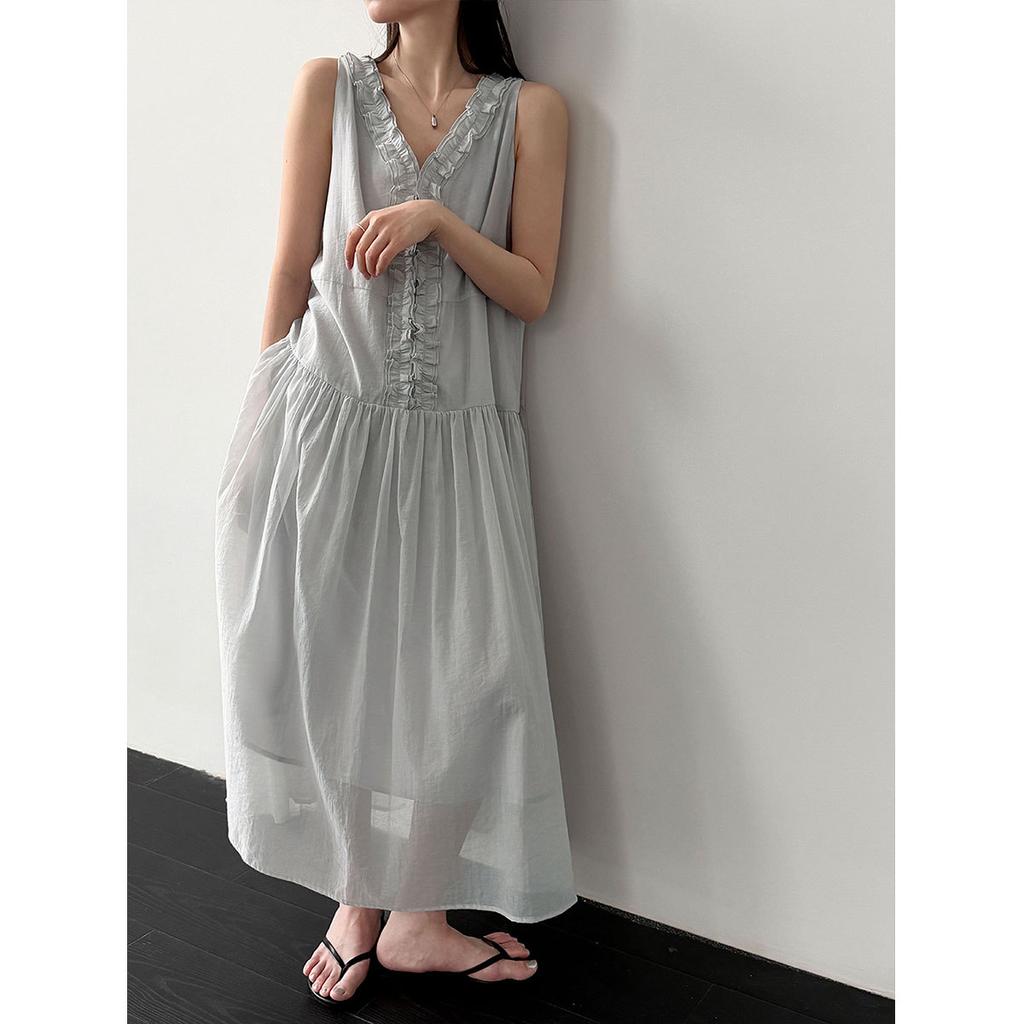 Johnature French Clear Fungus Edge A-line Korean Casual Loose Dresses Women Summer Sweet V-neck Sleeveless Dress