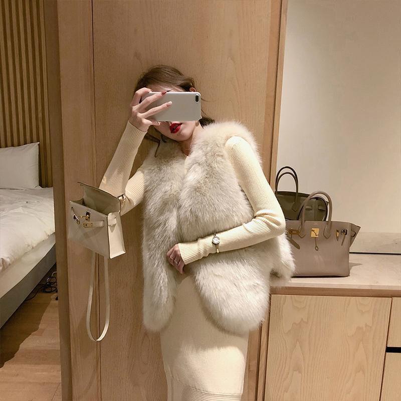 

Осень и зима новый жилет из искусственного лисьего меха женский короткий меховой жилет тонкий жилет женский XS [Suitable for 80-45kg] абрикосовый