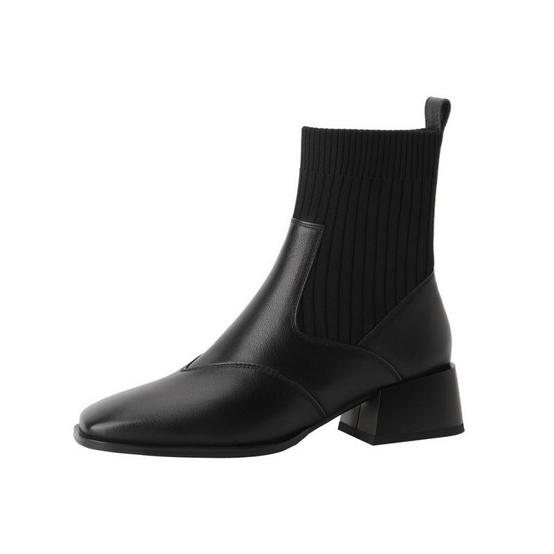 Knitted Sleeve Elastic Skinny Socks Boots Retro Square Head Thick Medium Heel Short Boots Women's Autumn, Winter and Naked Boots