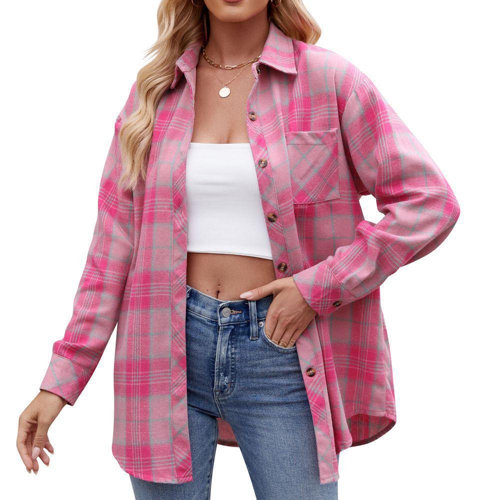 Women's Long Sleeve Plaid Shirt Turn Down Collar Streetwear Loose Fit Button Down Blouse With Pocket