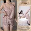 Large size summer ice silk V-neck lace suspender shorts thin girl small chest sexy loungewear