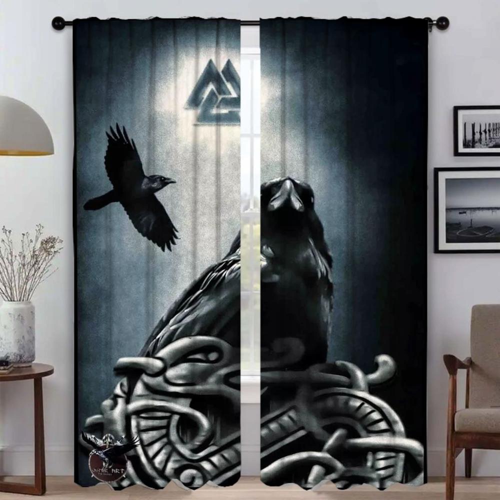 Vikings Odins Ravens Muninn Elegant Room Curtains 2 Pieces Window Curtain Shades Curtains for Bedroom Halloween Decoration Child