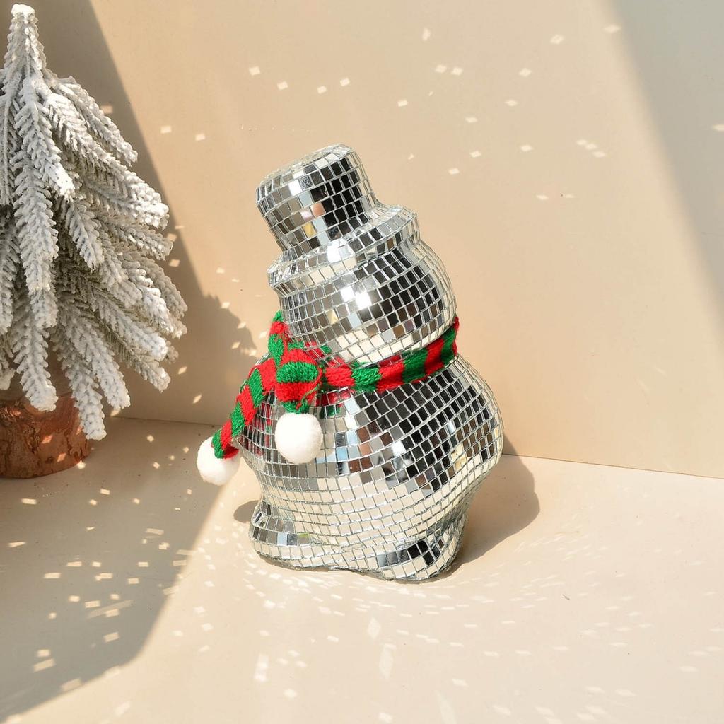 Christmas Snowman Disco Ball Statue Reflective Winter Decoration, With Knitted Scarf And Hat, Suitable For Holiday Fireplaces, Holiday Gatherings
