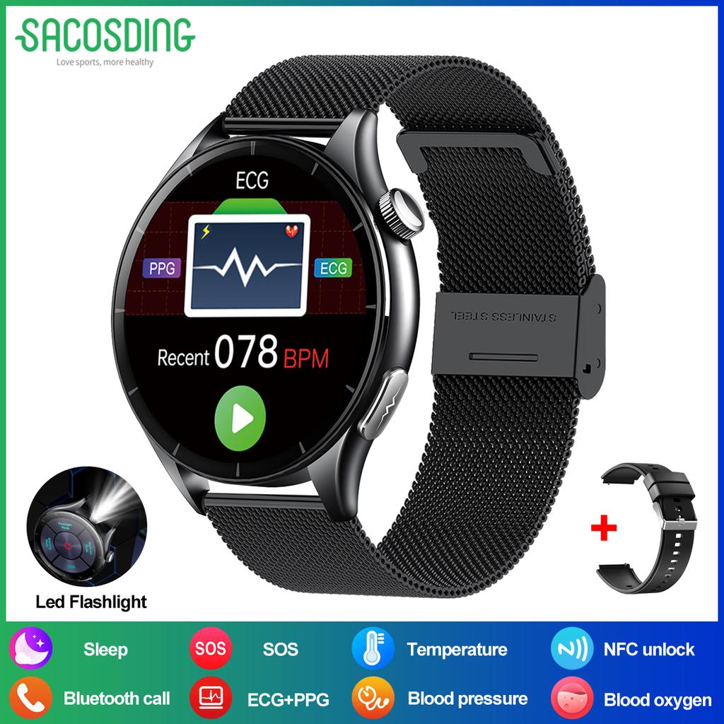 SACOSDING Men Smart Watch 1.56 inch AMOLED HD Screen Led Flashlight BT Calling ECG Health Monitoring Sports Fitness Tracker Women Smartwatch