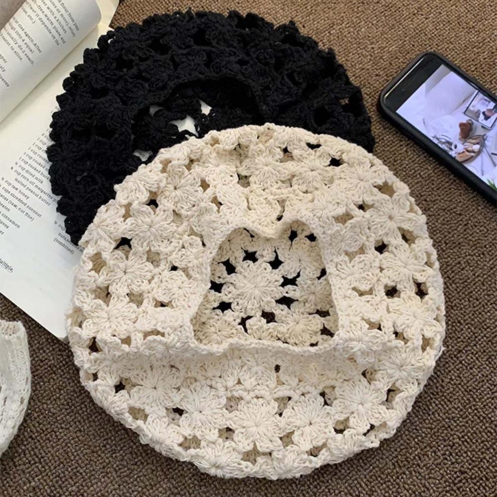 Cotton Lace Hollow Flower Hat Breathable Spring Crochet Knitted Cap Hollowed Out Beret Hat  Holiday